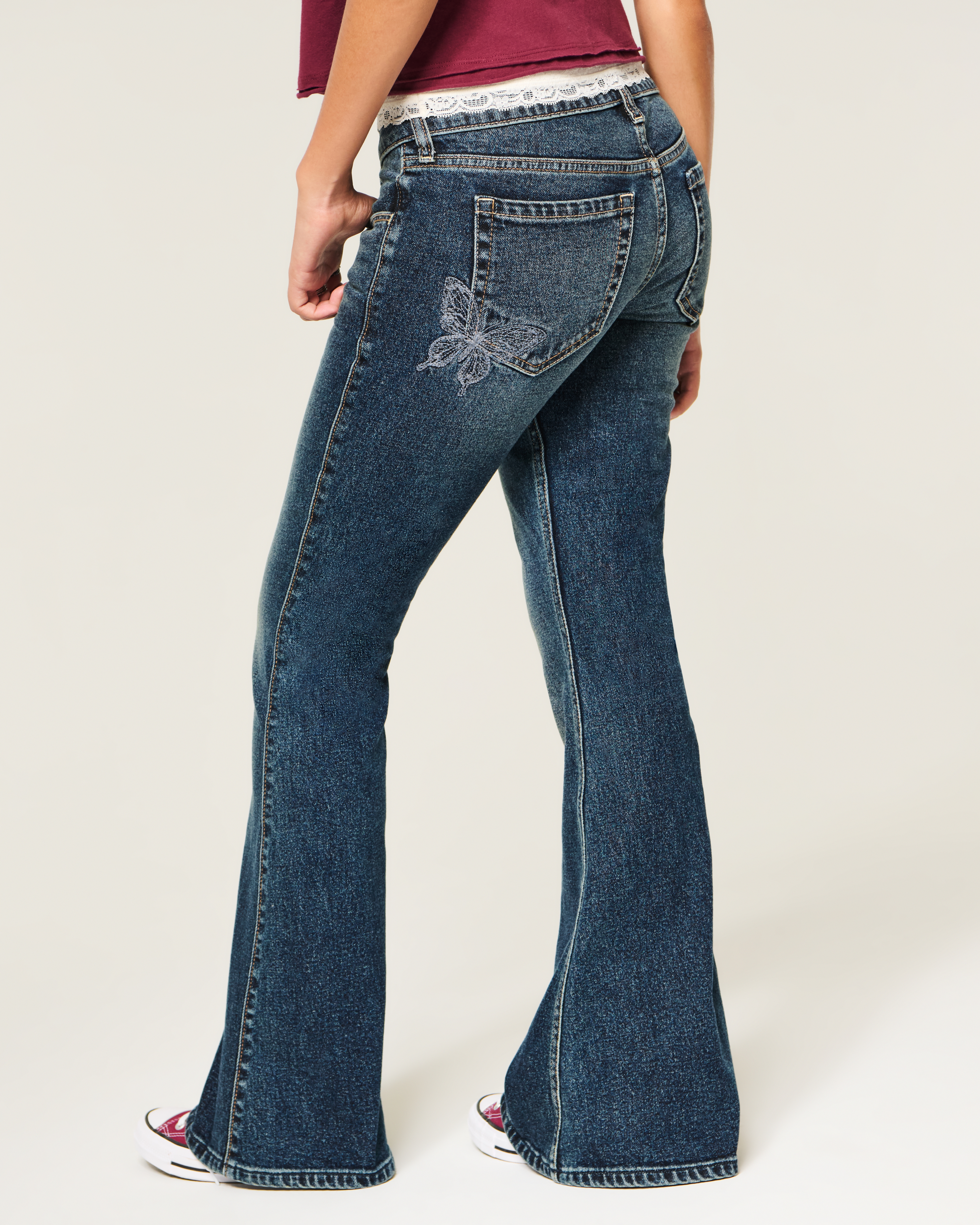 Ultra Low-Rise Dark Wash Butterfly Embroidery Flare Jeans