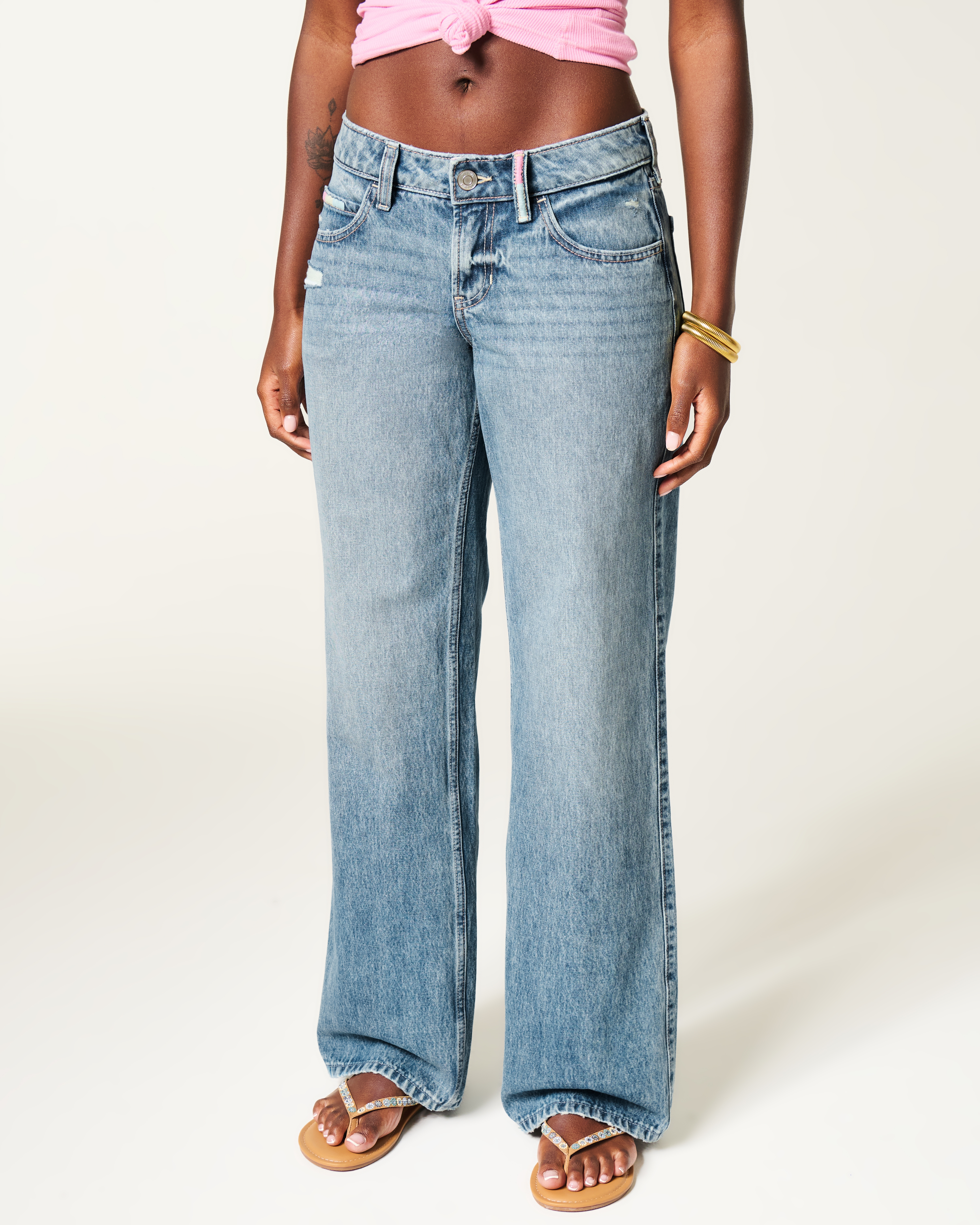 Low-Rise Medium Wash Foldover Waist Baggy Jeans