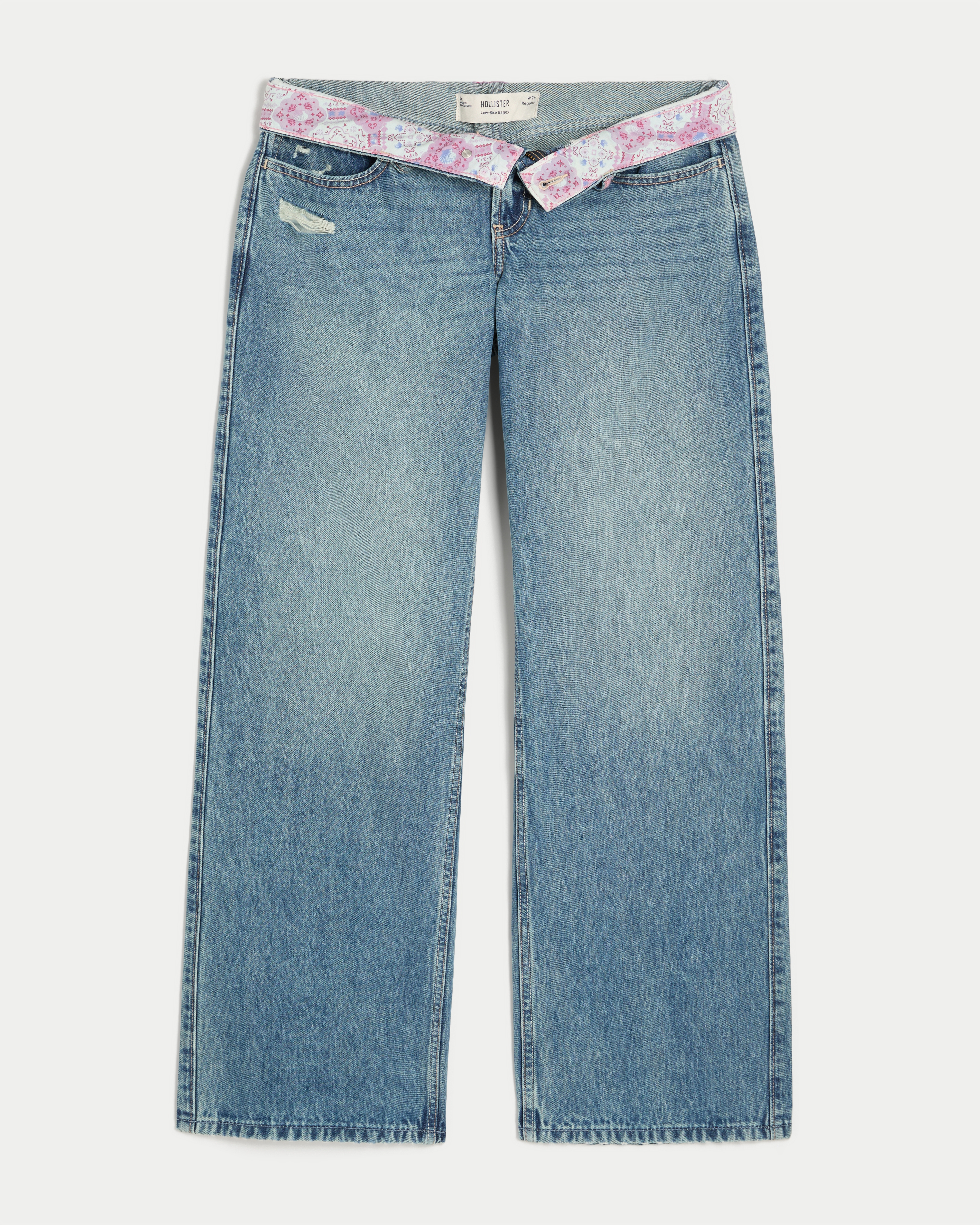 Low-Rise Medium Wash Foldover Waist Baggy Jeans