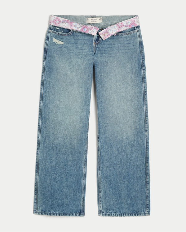Women's Low-Rise Medium Wash Foldover Waist Baggy Jeans | Women's