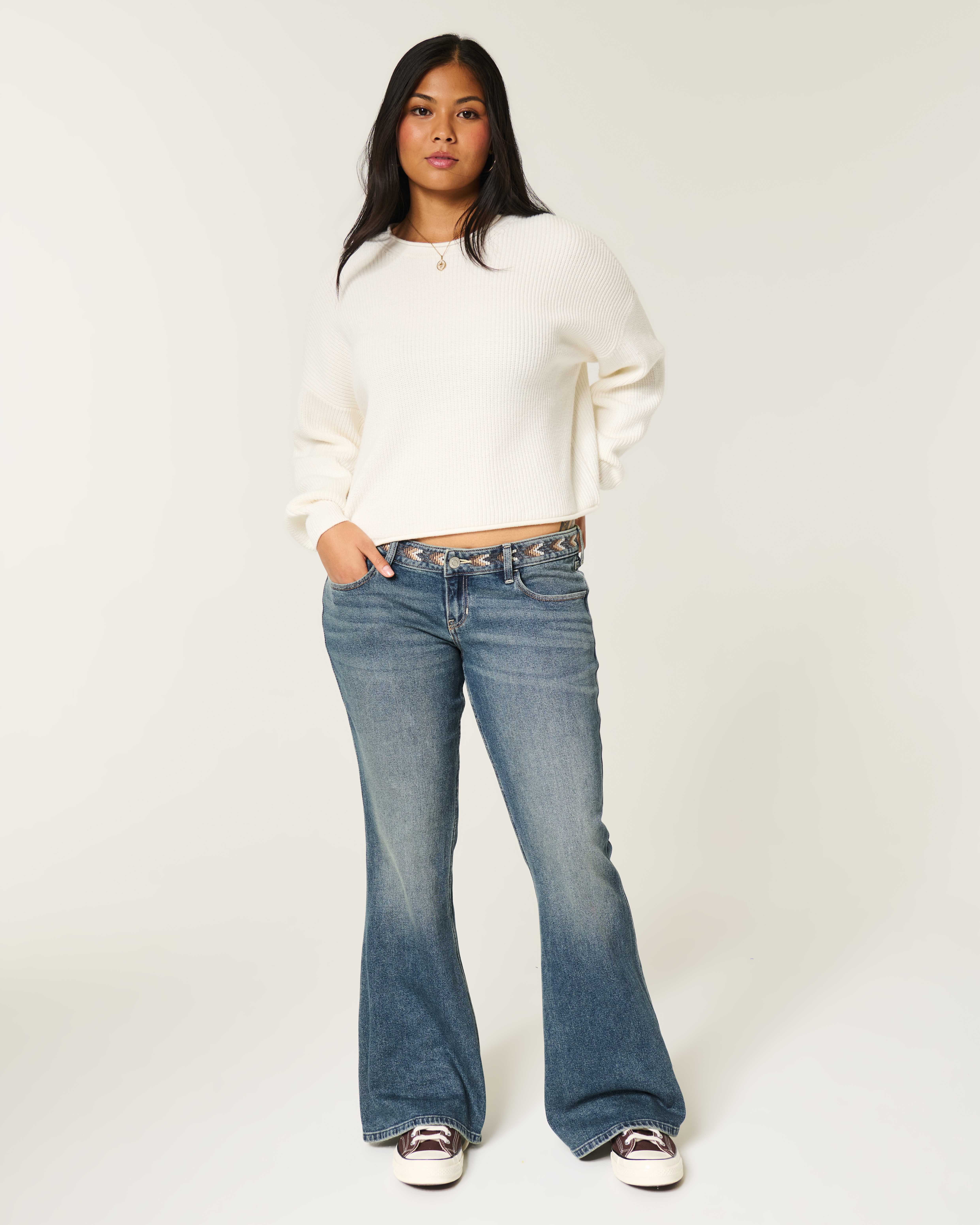 Ultra Low-Rise Medium Wash Embroidered Flare Jeans