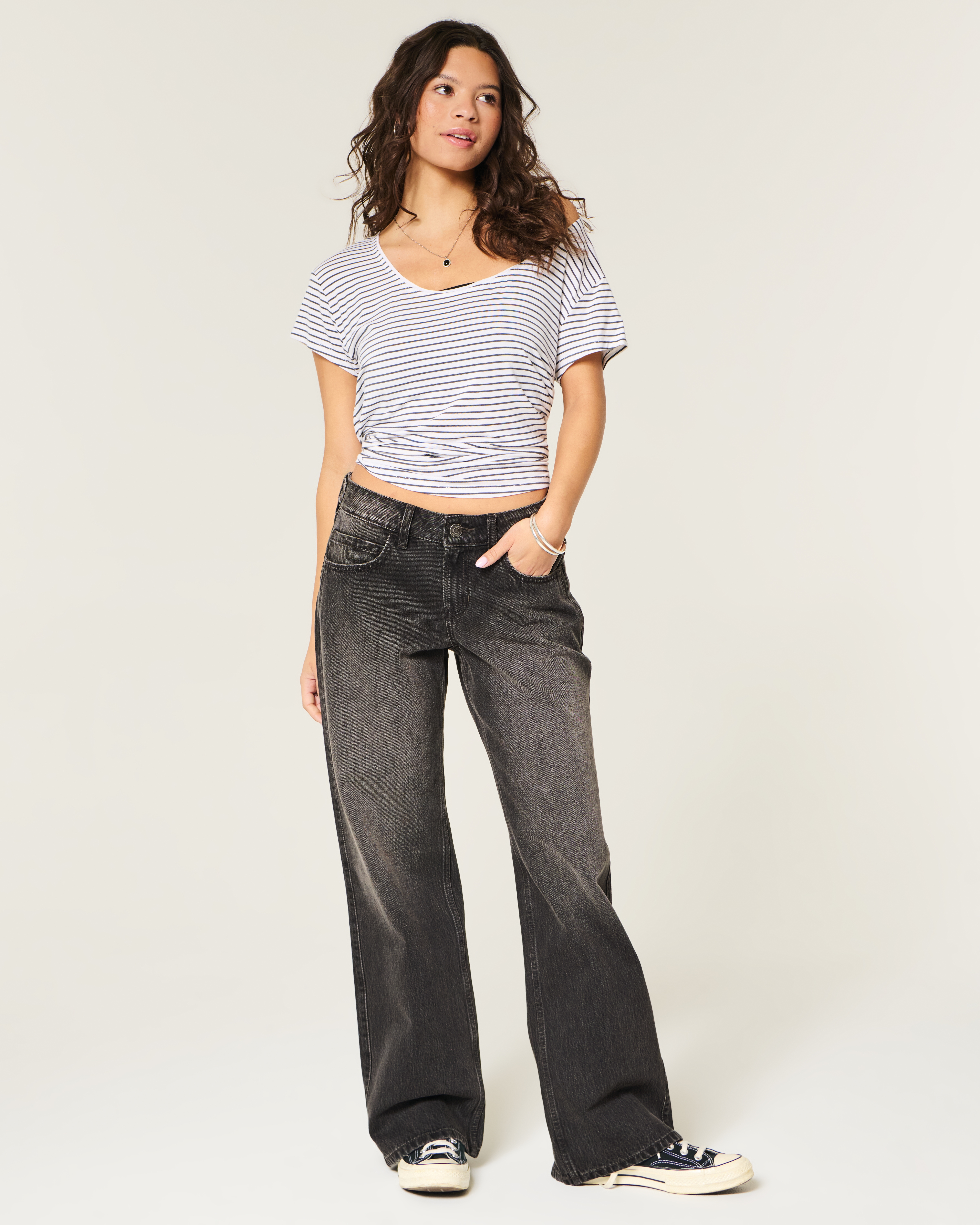 Adjustable Waist Low-Rise Washed Black Baggy Jeans