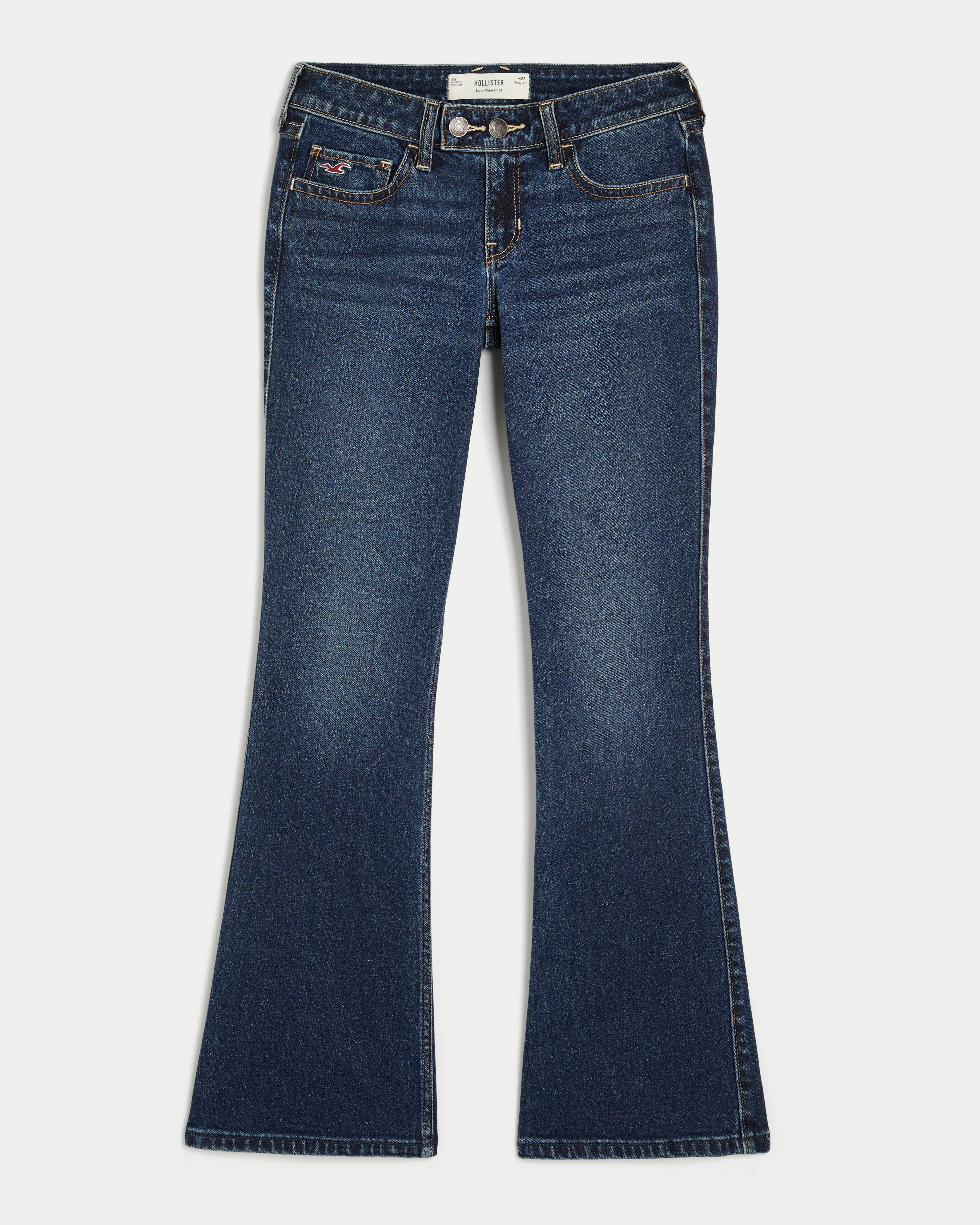 Low-Rise Dark Wash Tab Waist Bootcut Jeans