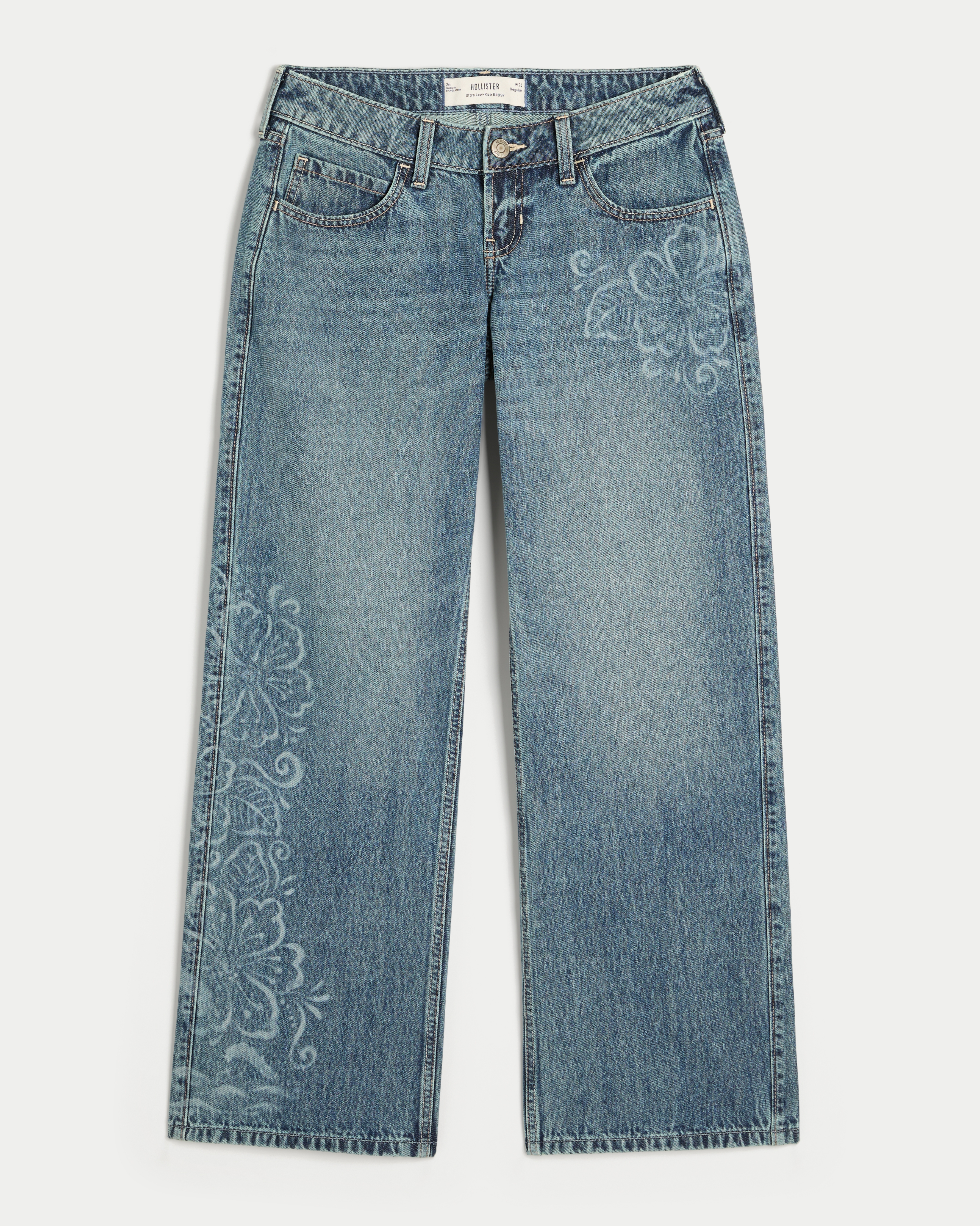 Ultra Low-Rise Medium Wash Floral Print Baggy Jeans