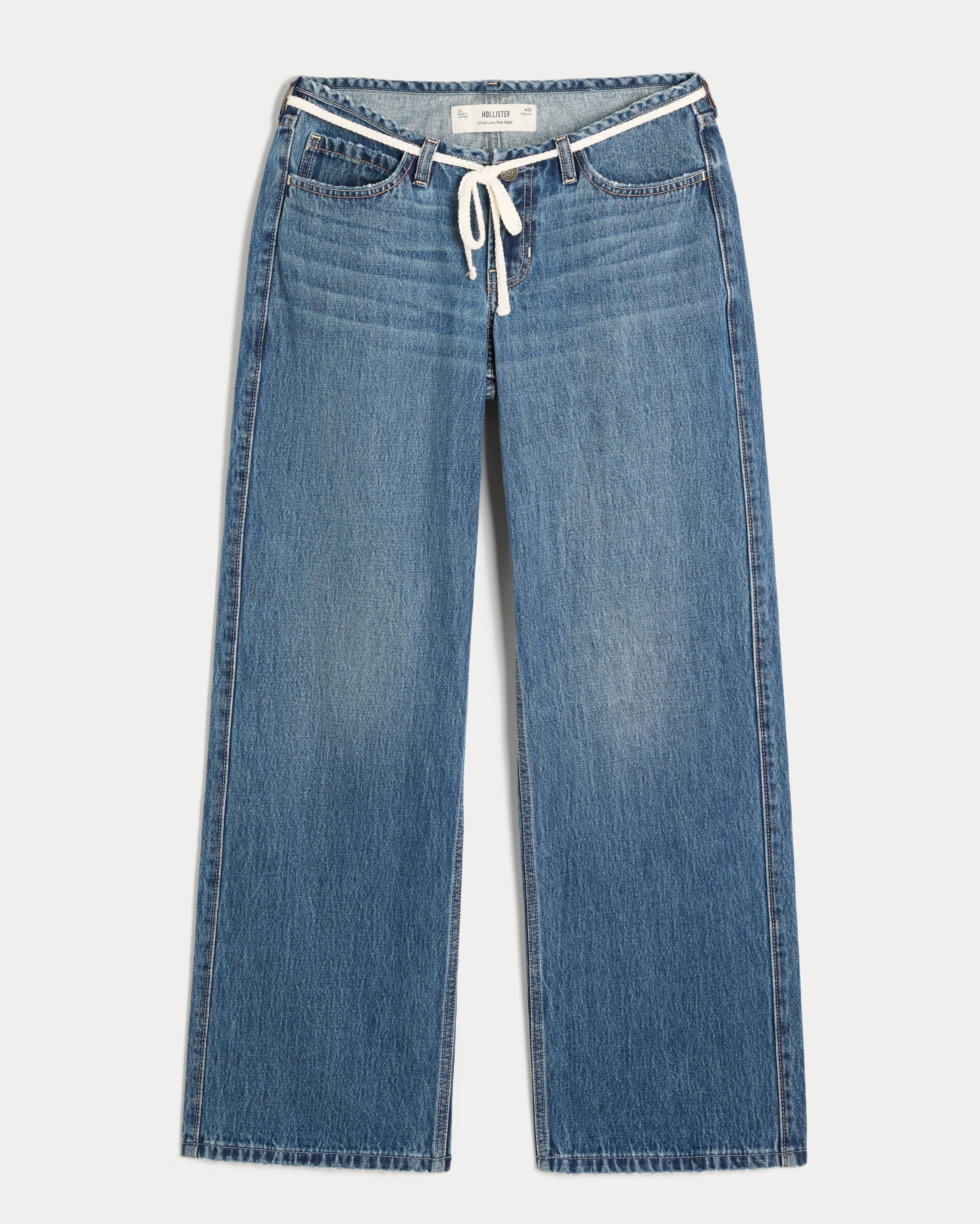 Ultra Low-Rise Mini Waistband Dark Wash Tie Waist Baggy Jeans