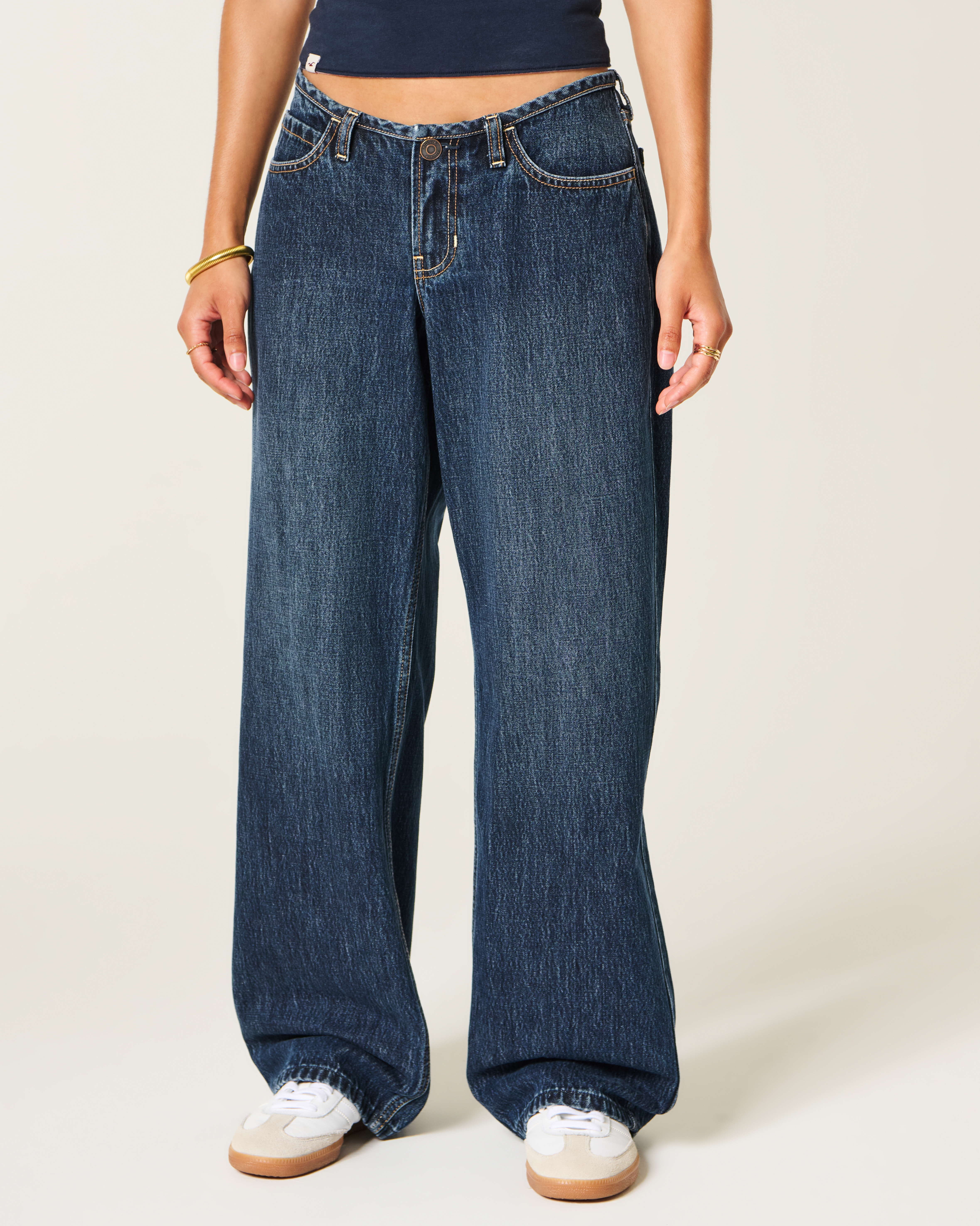 Ultra Low-Rise Mini Waistband Dark Wash Baggy Jeans