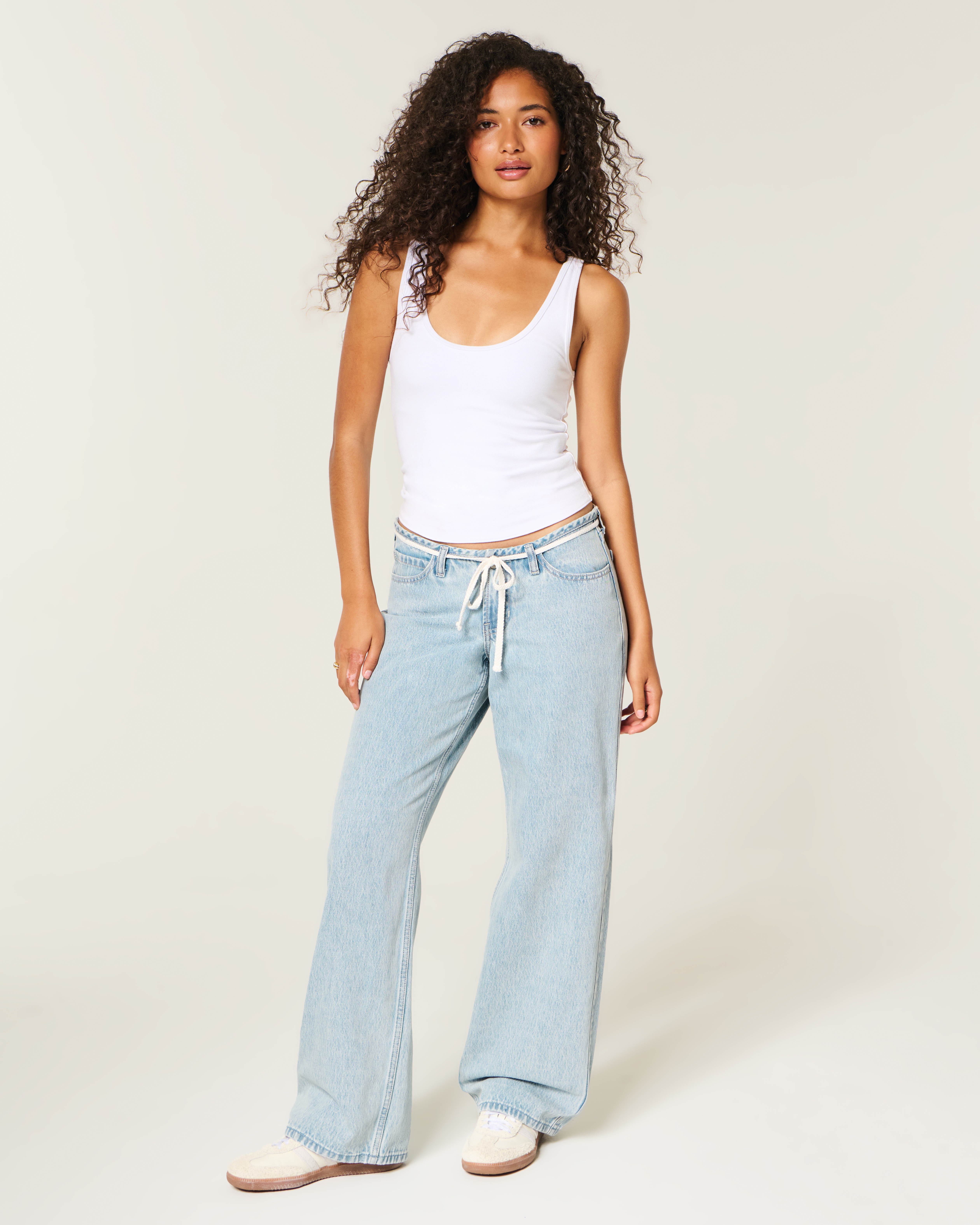 Ultra Low-Rise Mini Waistband Light Wash Tie Waist Baggy Jeans