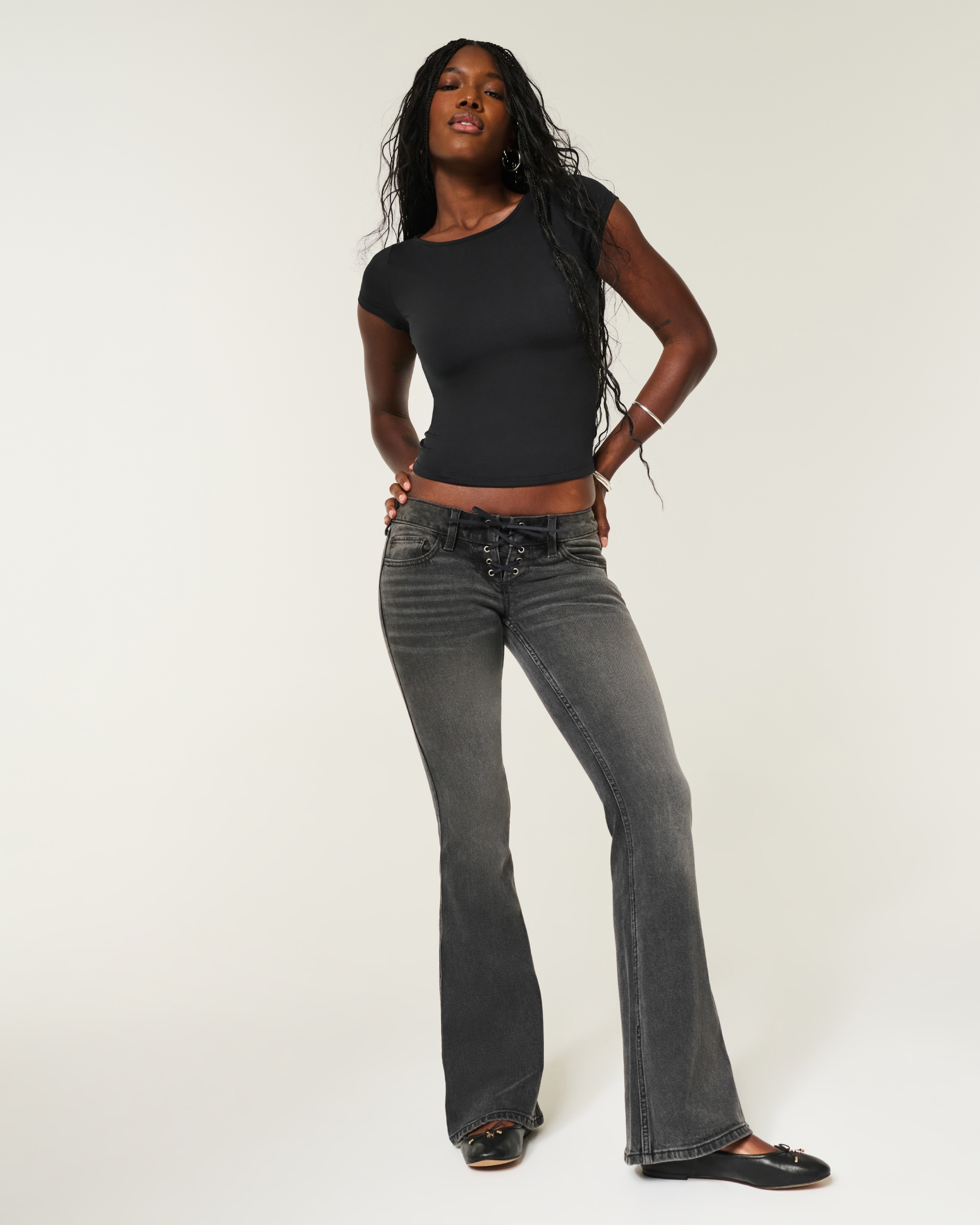Ultra Low-Rise Washed Black Lace-Up Flare Jeans
