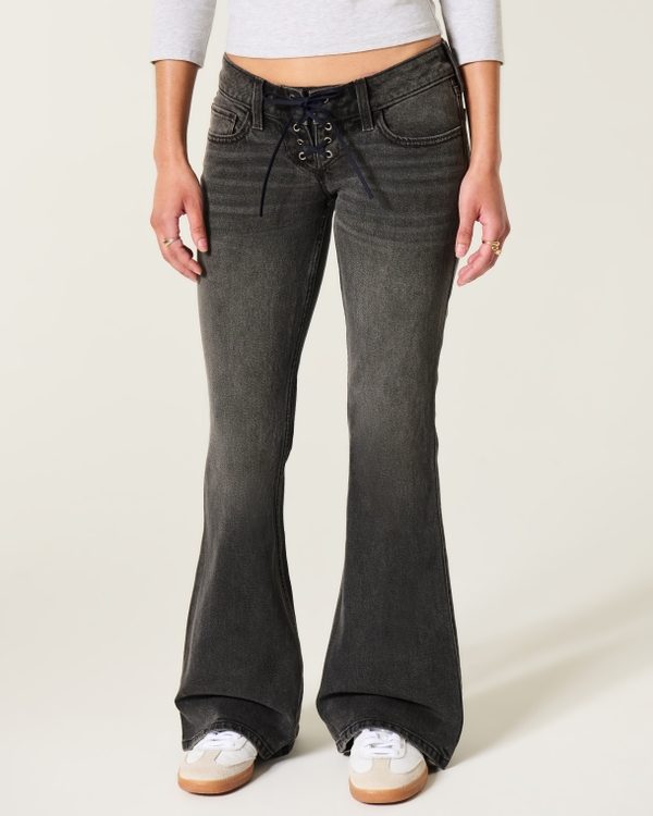 Ultra Low-Rise Washed Black Lace-Up Flare Jeans, Washed Black view 2