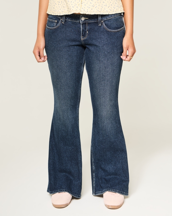 Flare-Jeans mit superniedrigem Bund, in dunkler Waschung und mit London-Stickerei, Dunkel view 2