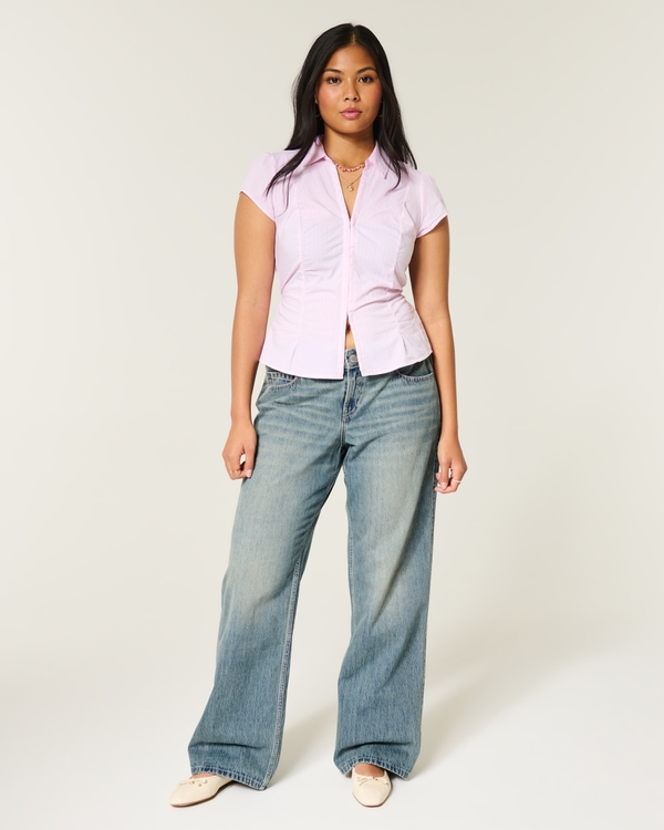 Adjustable Waist Low-Rise Medium Wash Baggy Jeans, Medium view 1