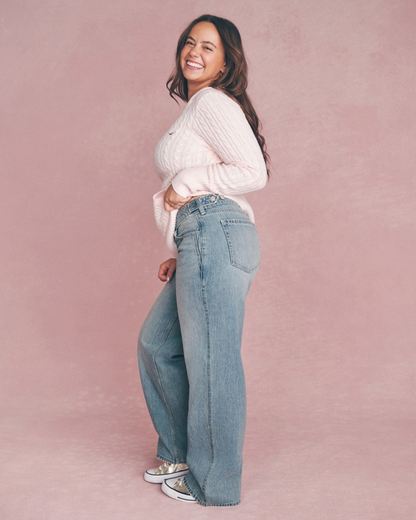 Adjustable Waist Low-Rise Medium Wash Baggy Jeans, Medium view 1