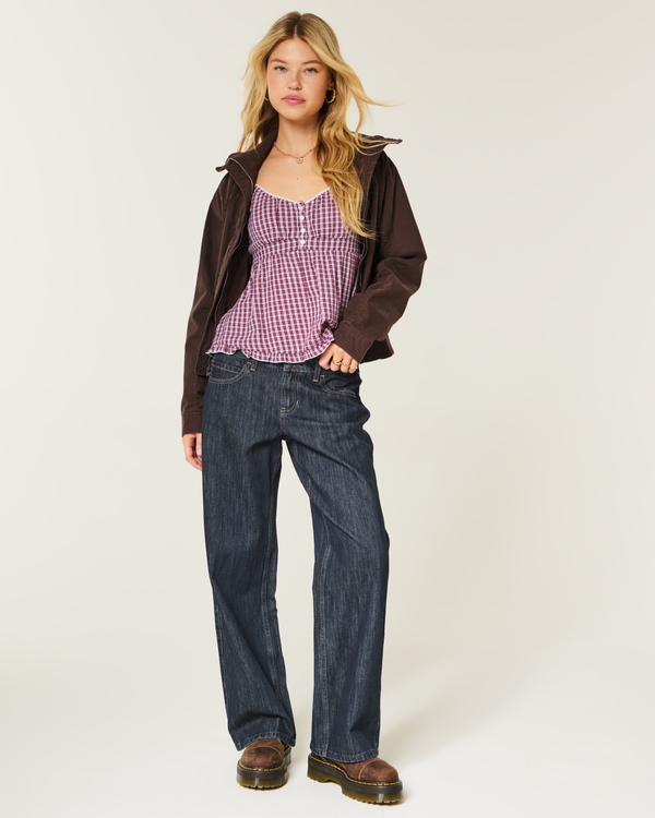 Low-Rise Dark Wash Adjustable Waist Baggy Jeans, Dark view 1