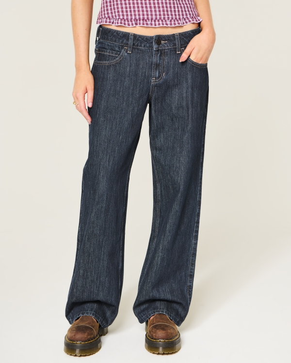 Low-Rise Dark Wash Adjustable Waist Baggy Jeans, Dark view 2