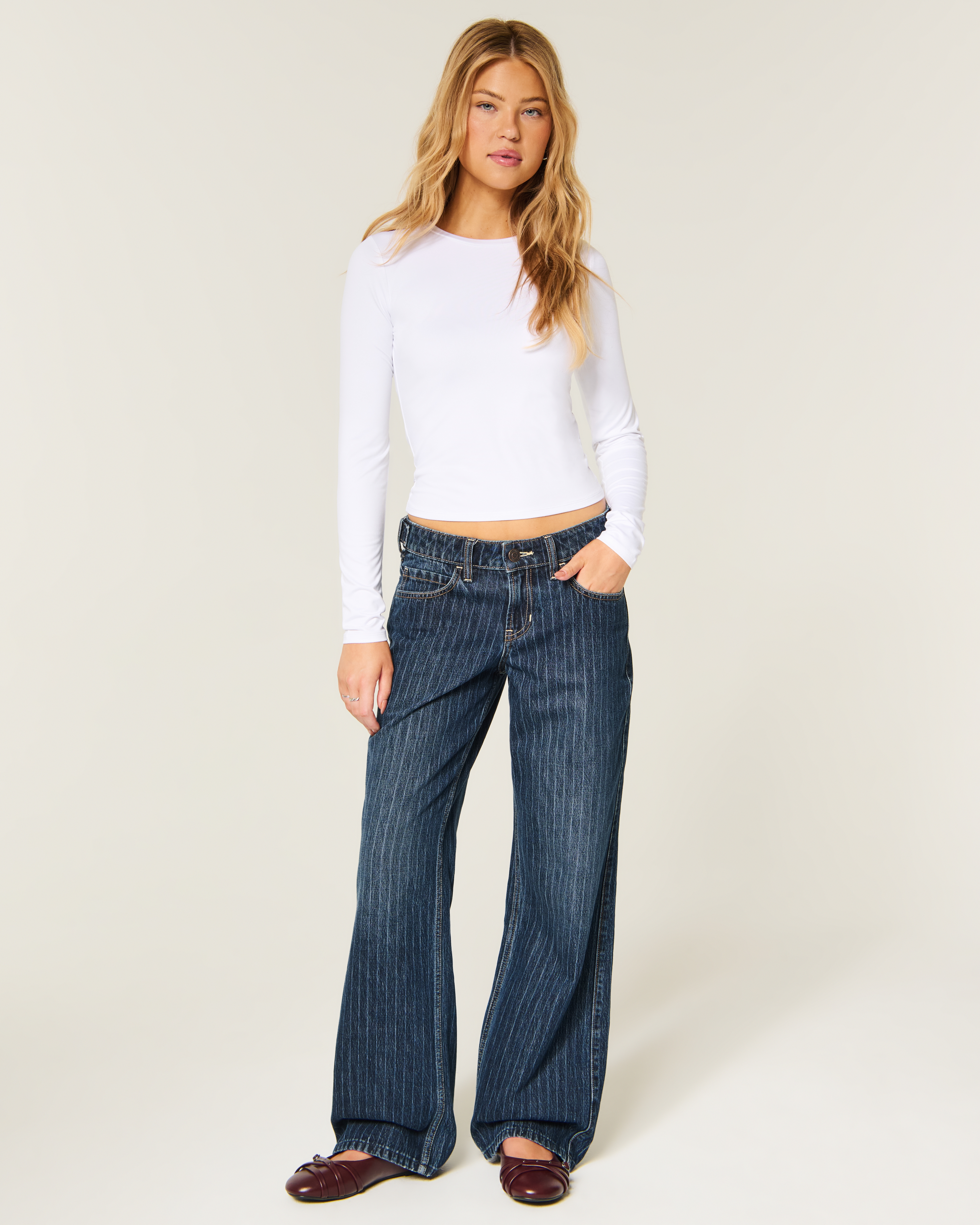 Hollister Andi Adjustable Waist Low-Rise Dark Wash Pinstripe Baggy Jeans