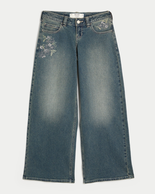 Hollister Andi Adjustable Waist Ultra Low-Rise Medium Wash Floral Embroidery Super Baggy Jeans, Medium view 1
