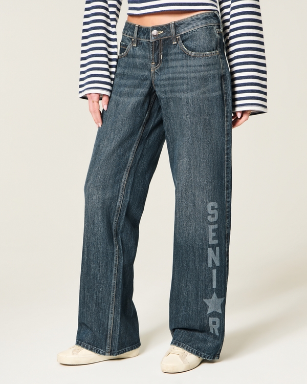 Ultra Low-Rise Dark Wash Senior Graphic Baggy Jeans, Dark view 2