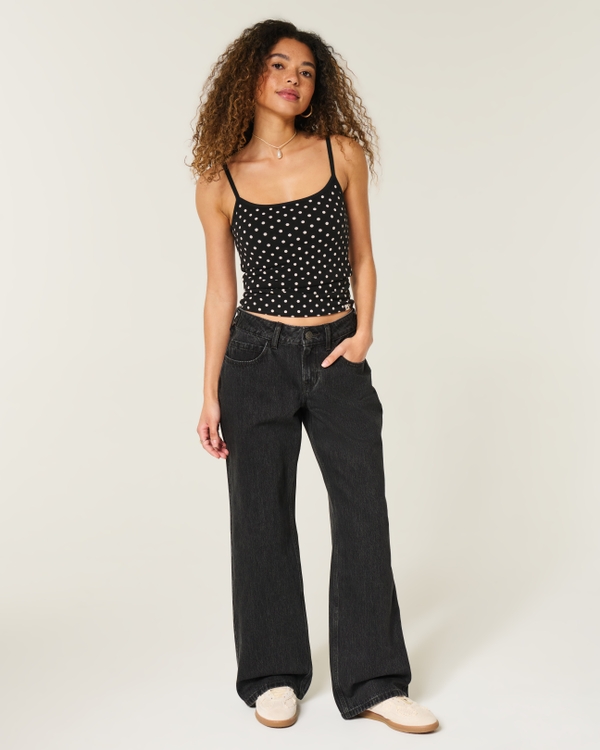 Jeans amplios de tiro bajo negro con cintura ajustable Hollister Andi, Negro Lavado view 1
