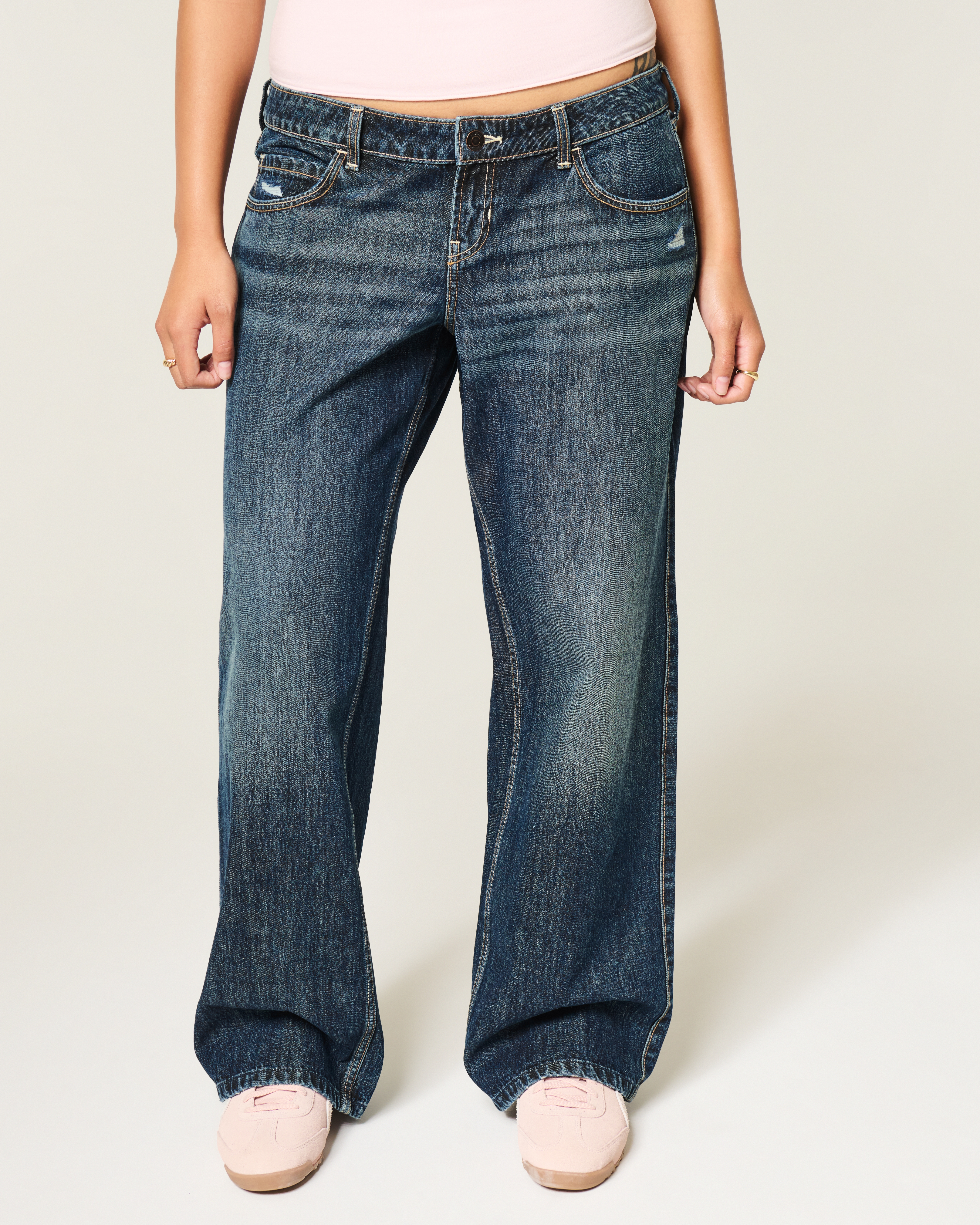 Ultra Low-Rise Distressed Dark Wash Baggy Jeans