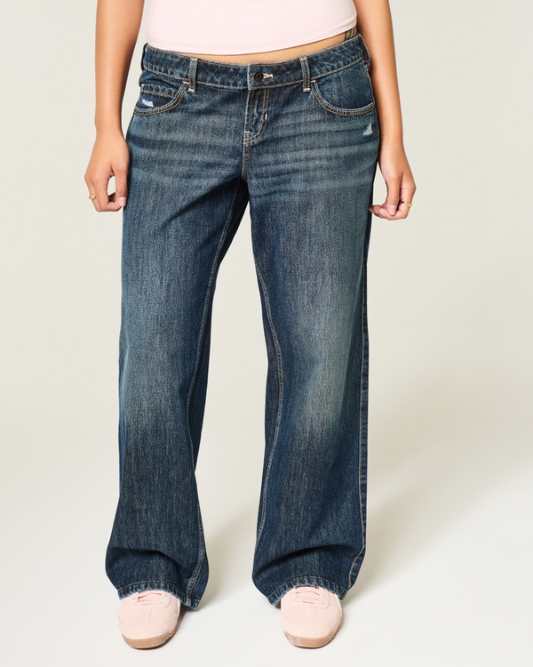 Ultra Low-Rise Distressed Dark Wash Baggy Jeans, Dark Denim view 2