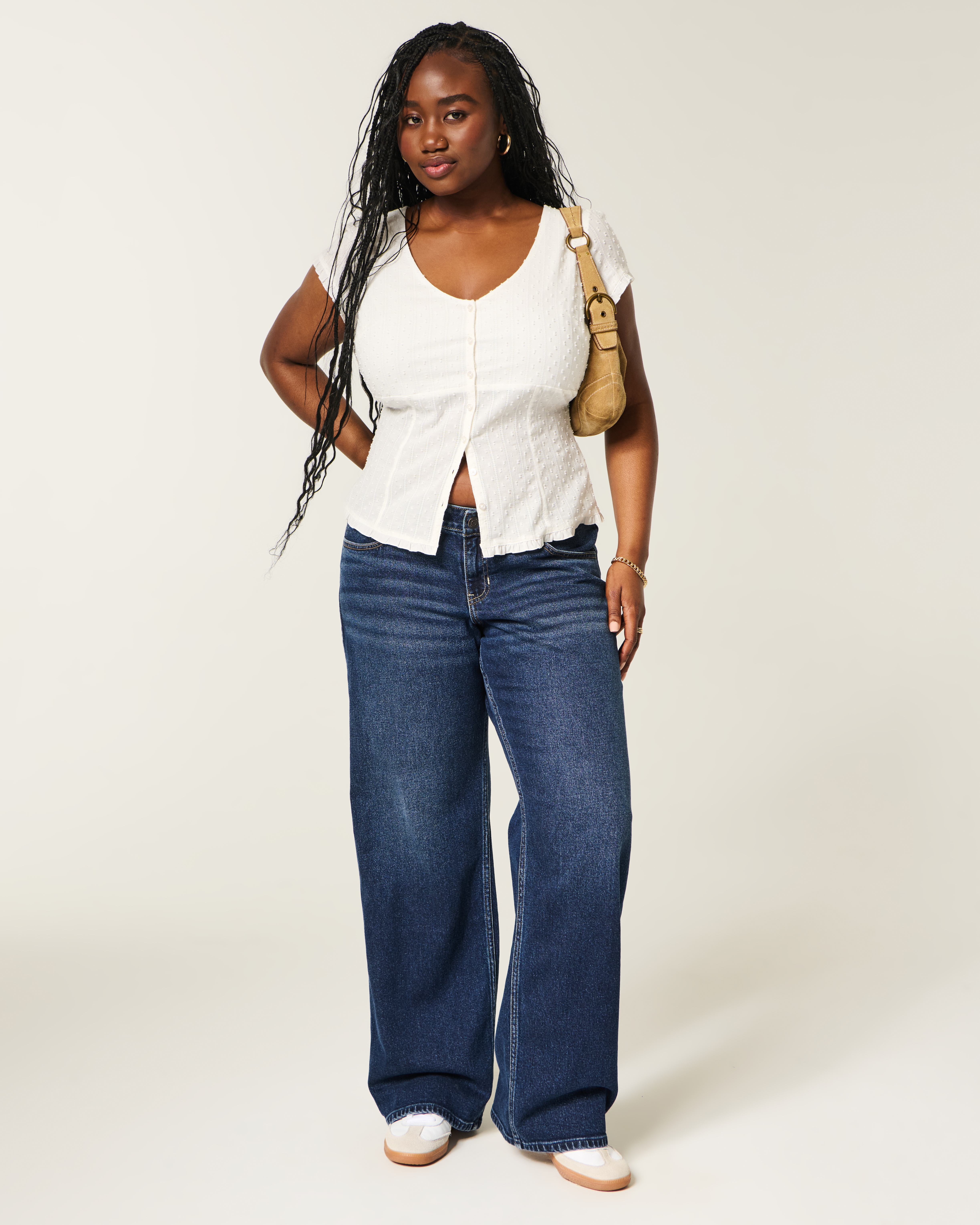 Hollister Andi Adjustable Waist Low-Rise Dark Wash Back Buckle Baggy Jeans