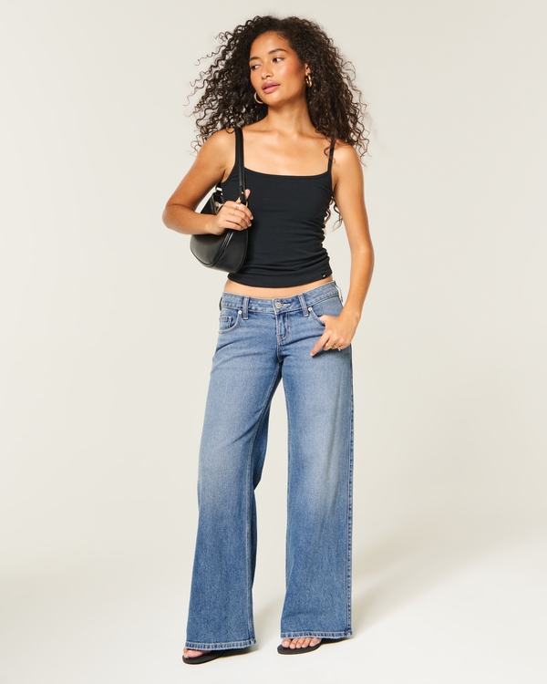 Ultra Low-Rise Medium Wash Distressed Wide-Leg Jeans, Medium view 1