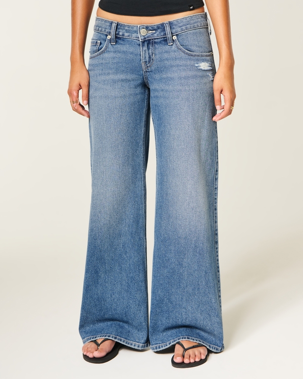 Ultra Low-Rise Medium Wash Distressed Wide-Leg Jeans, Medium view 2