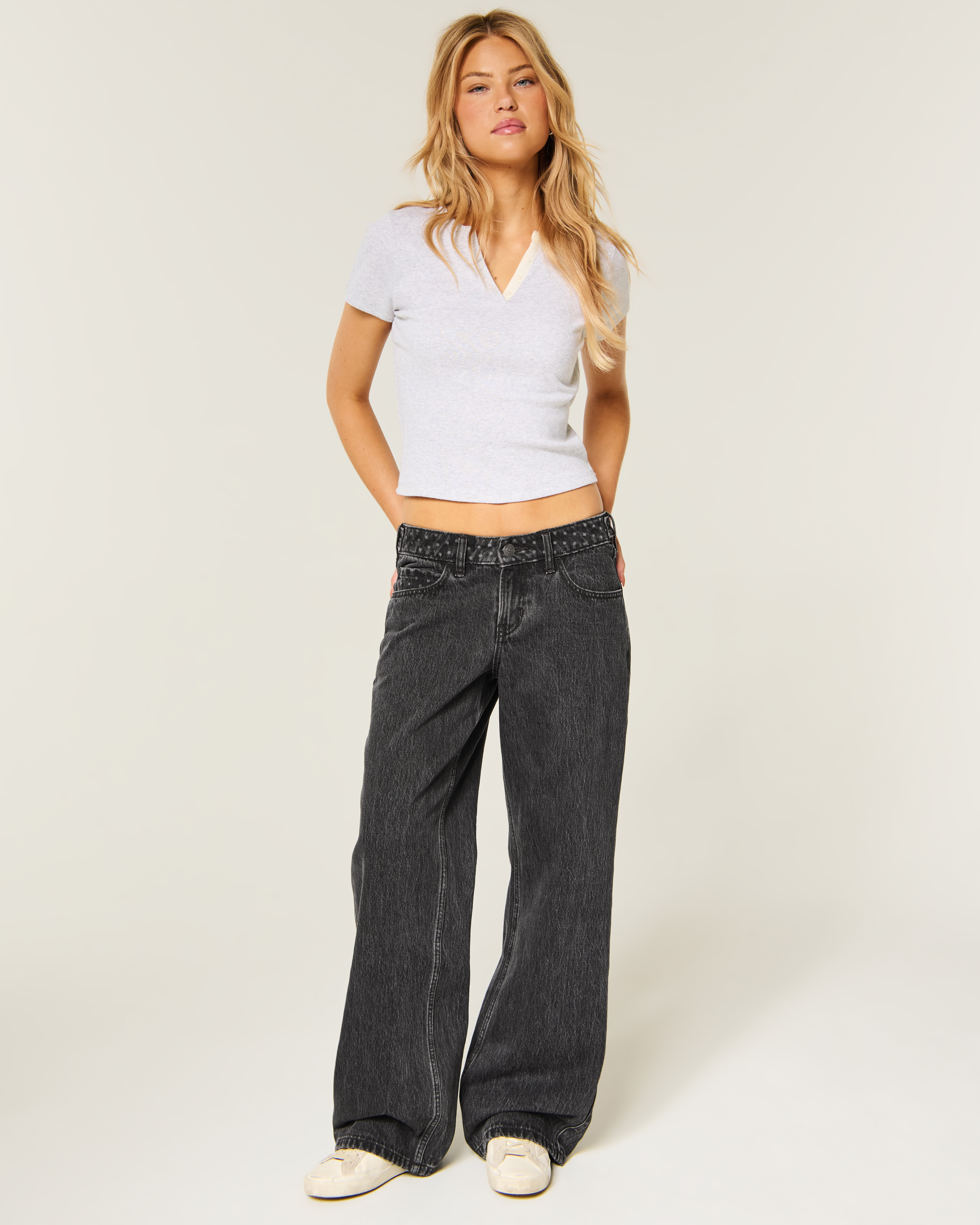 Hollister Andi Adjustable Waist Low-Rise Washed Black Polka Dot Baggy Jeans