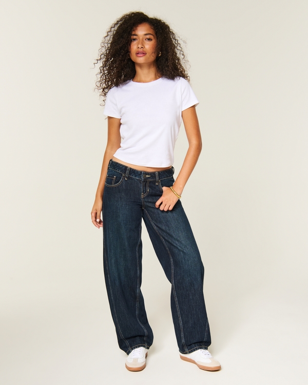 Hollister Andi Adjustable Ultra Low-Rise Dark Wash Barrel Jeans, Dark view 1