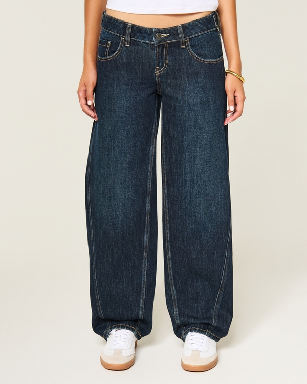 Hollister Andi Adjustable Ultra Low-Rise Dark Wash Barrel Jeans, Dark view 2