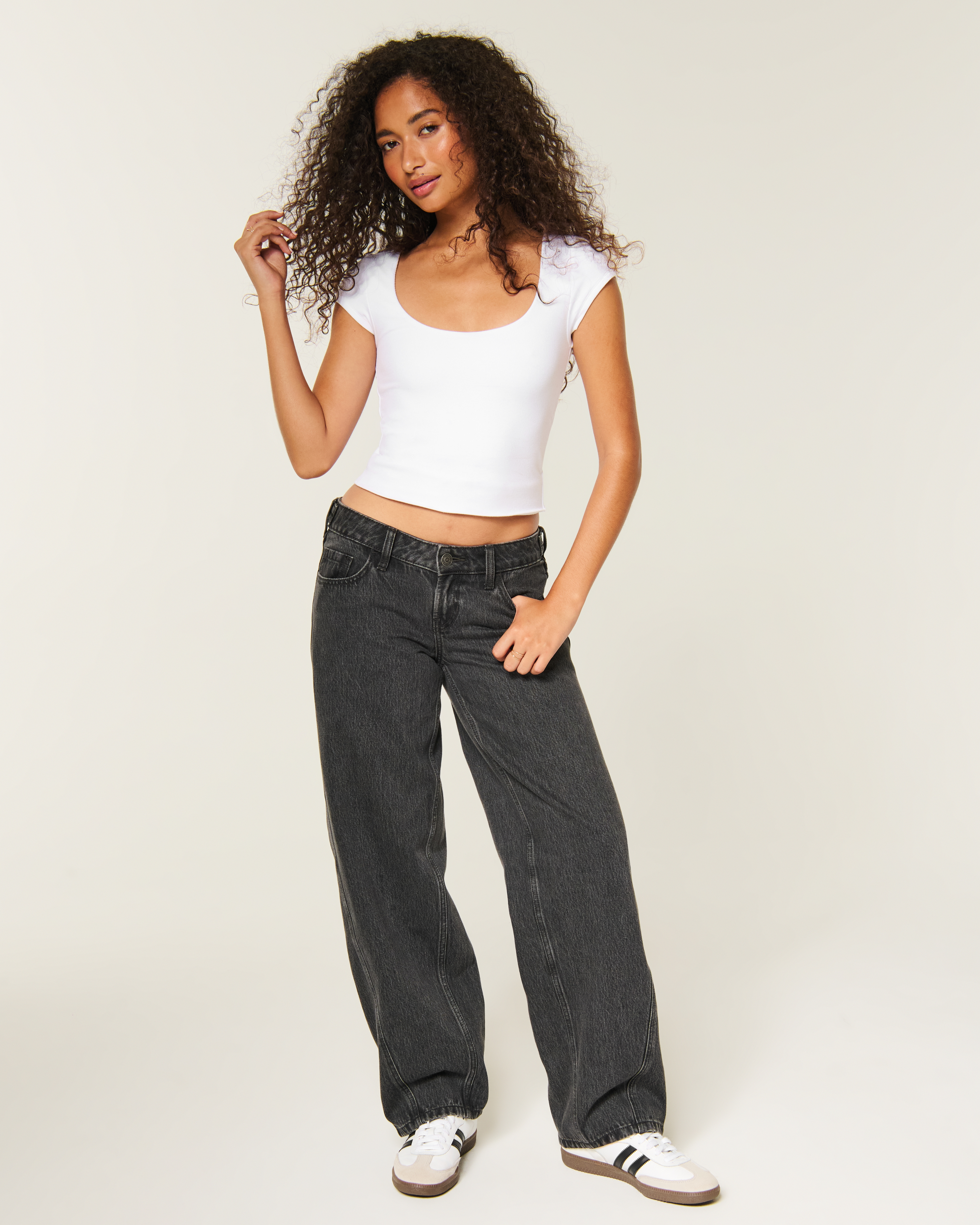 Hollister Andi Adjustable Waist Ultra Low-Rise Washed Black Barrel Jeans