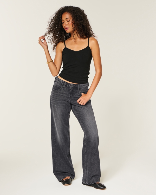 Hollister Andi Adjustable Waist Low-Rise Washed Black Baggy Jeans, Washed Black view 1