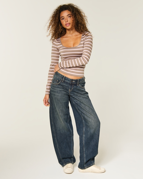 Hollister Andi Adjustable Waist Ultra Low-Rise Dark Wash Barrel Jeans, Dark view 1