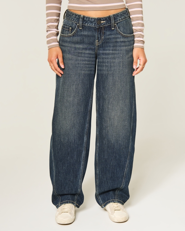 Hollister Andi Adjustable Waist Ultra Low-Rise Dark Wash Barrel Jeans, Dark view 2