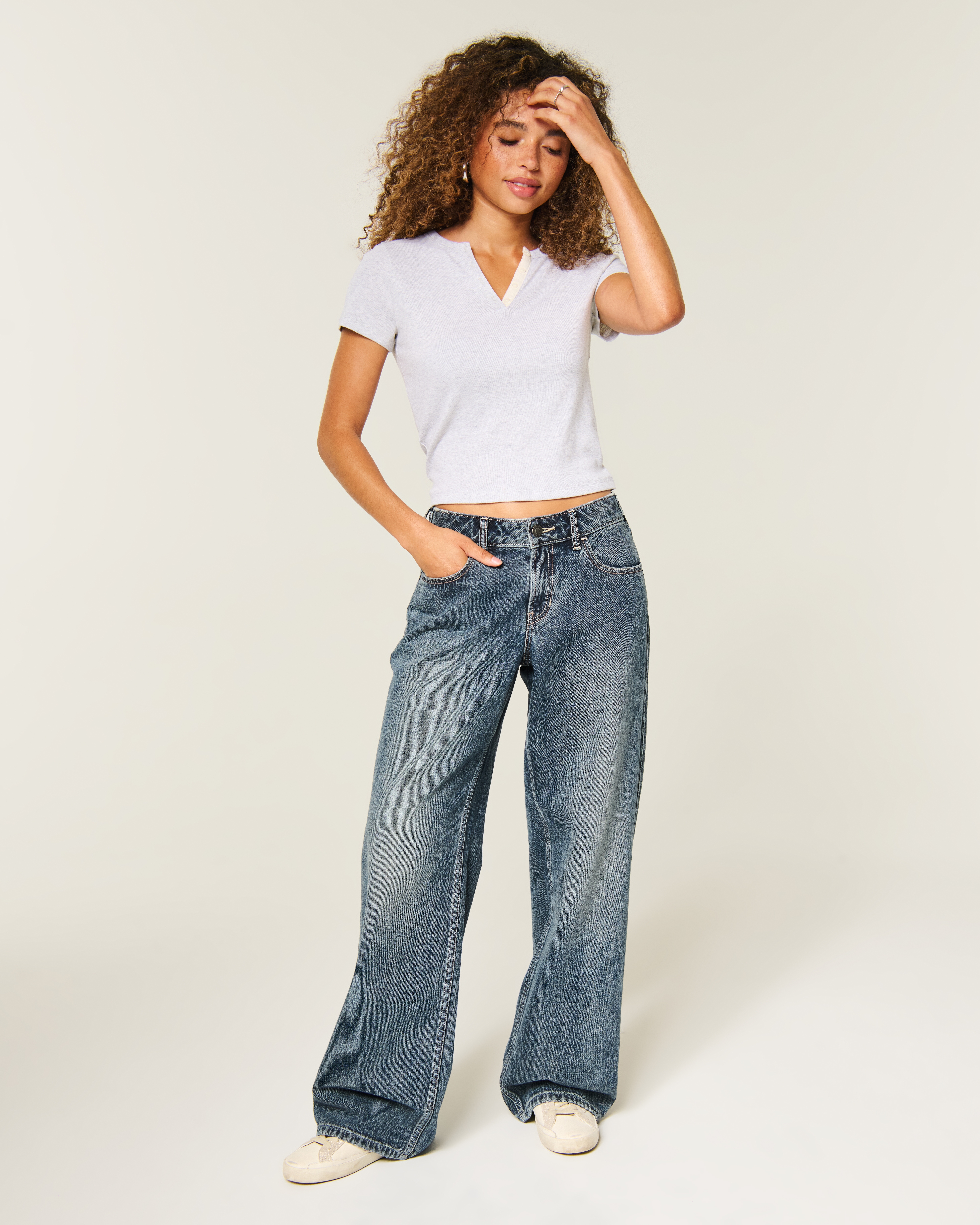 Hollister Andi Adjustable Waist Low-Rise Medium Wash Baggy Jeans