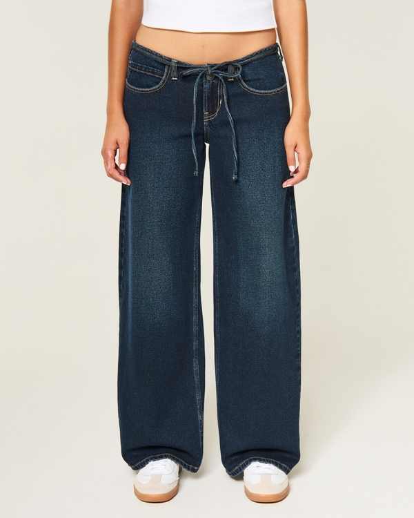 Ultra Low-Rise Mini Waistband Dark Wash Tie Waist Super Baggy Jeans, Dark view 2
