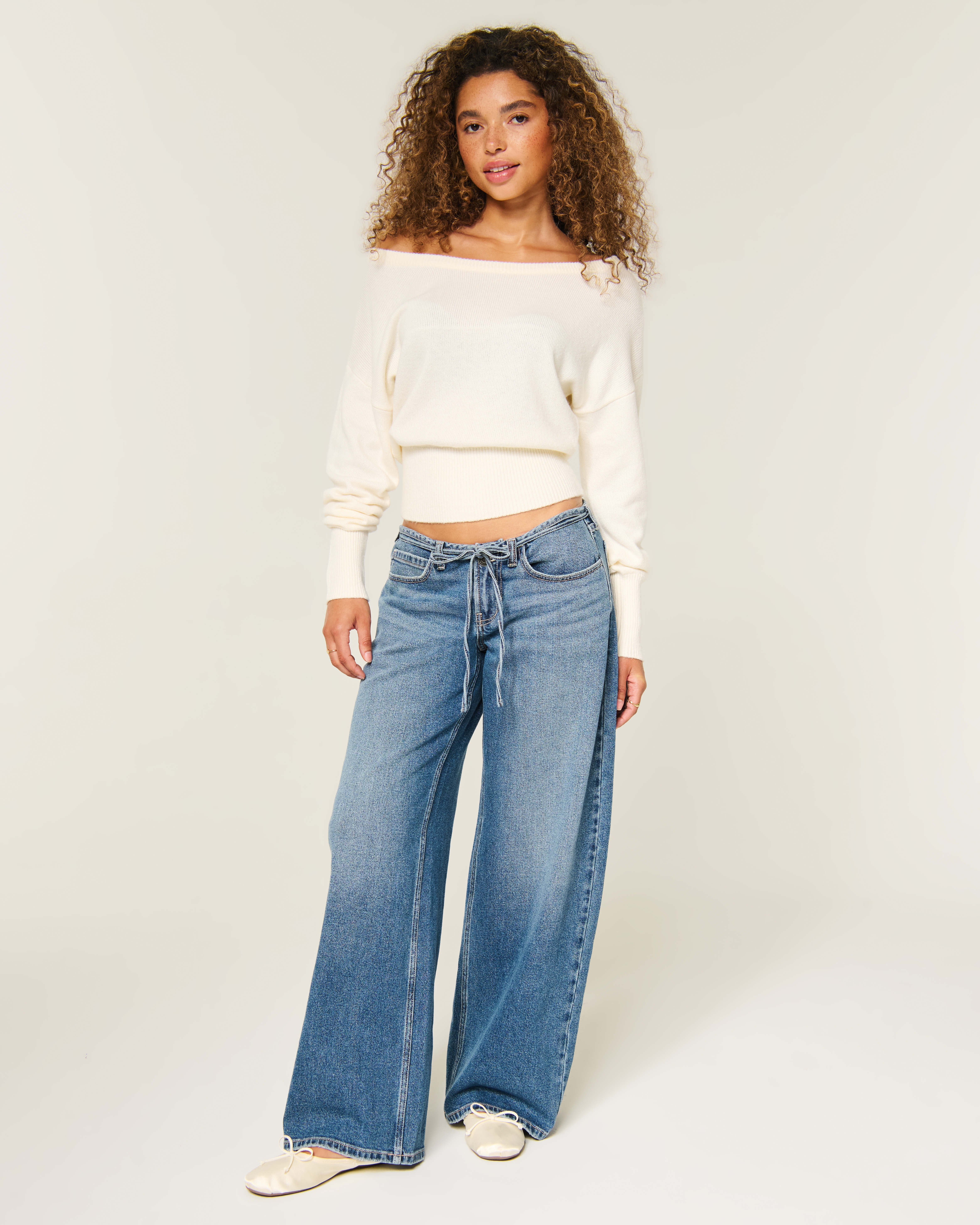 Ultra Low-Rise Mini Waistband Medium Wash Tie Waist Super Baggy Jeans