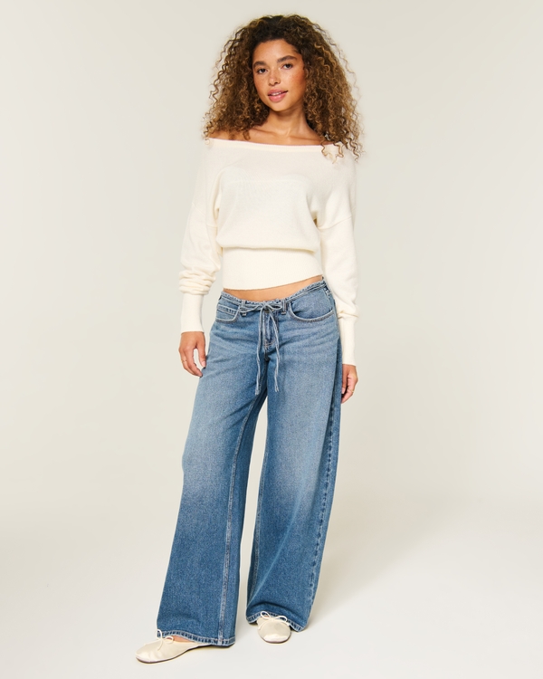 Ultra Low-Rise Mini Waistband Medium Wash Tie Waist Super Baggy Jeans, Medium view 1