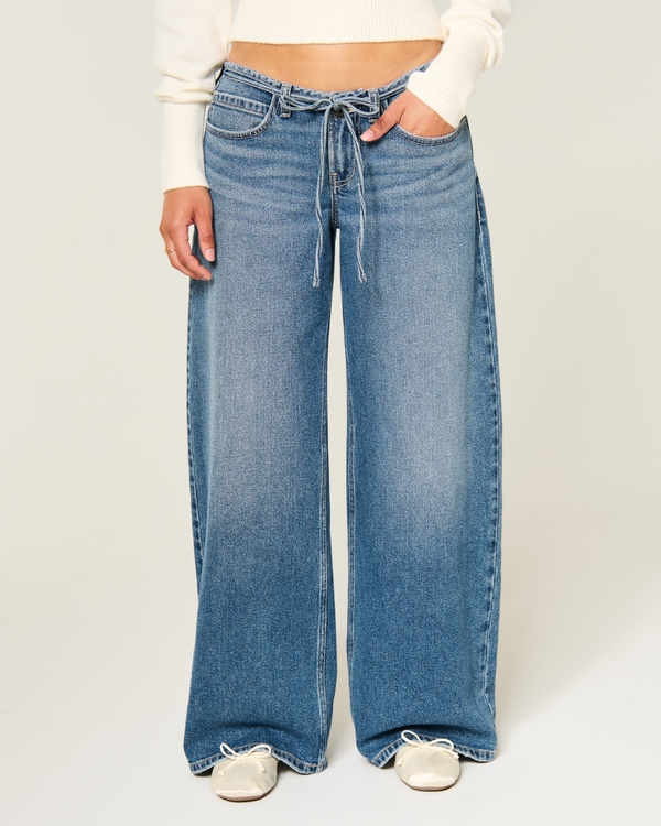 Ultra Low-Rise Mini Waistband Medium Wash Tie Waist Super Baggy Jeans, Medium view 2