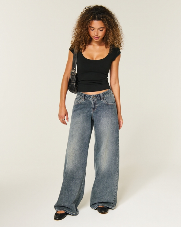 Hollister Andi Adjustable Waist Ultra Low-Rise Medium Wash Super Baggy Jeans, Medium view 1