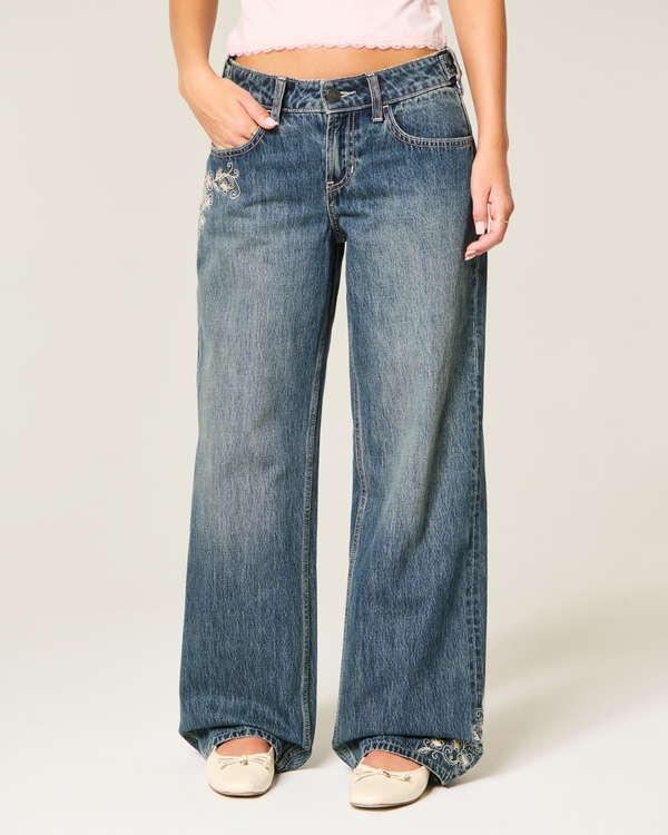 Hollister Andi Adjustable Waist Low-Rise Floral Embroidery Baggy Jeans, Dark view 2