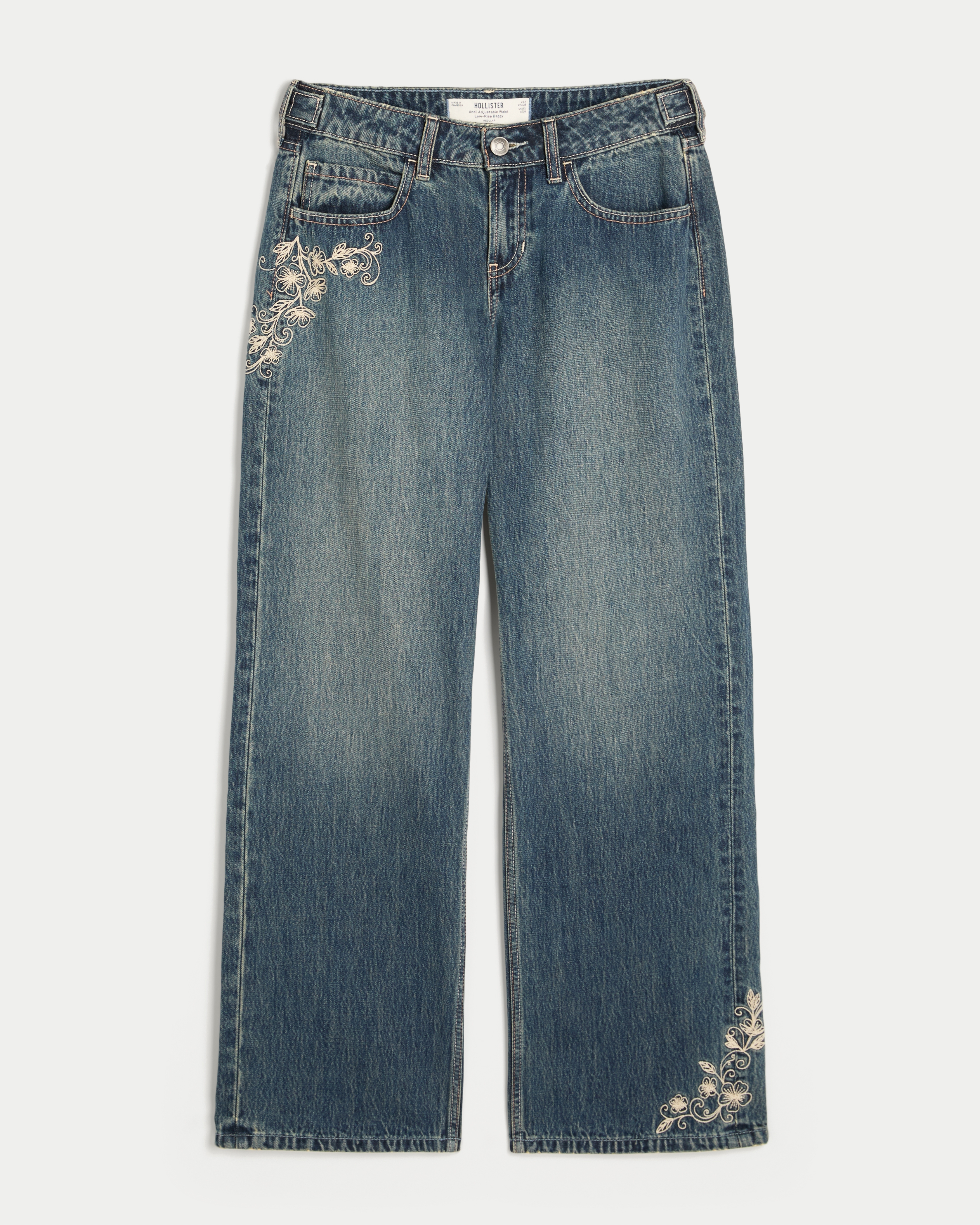 Hollister Andi Adjustable Waist Low-Rise Floral Embroidery Baggy Jeans