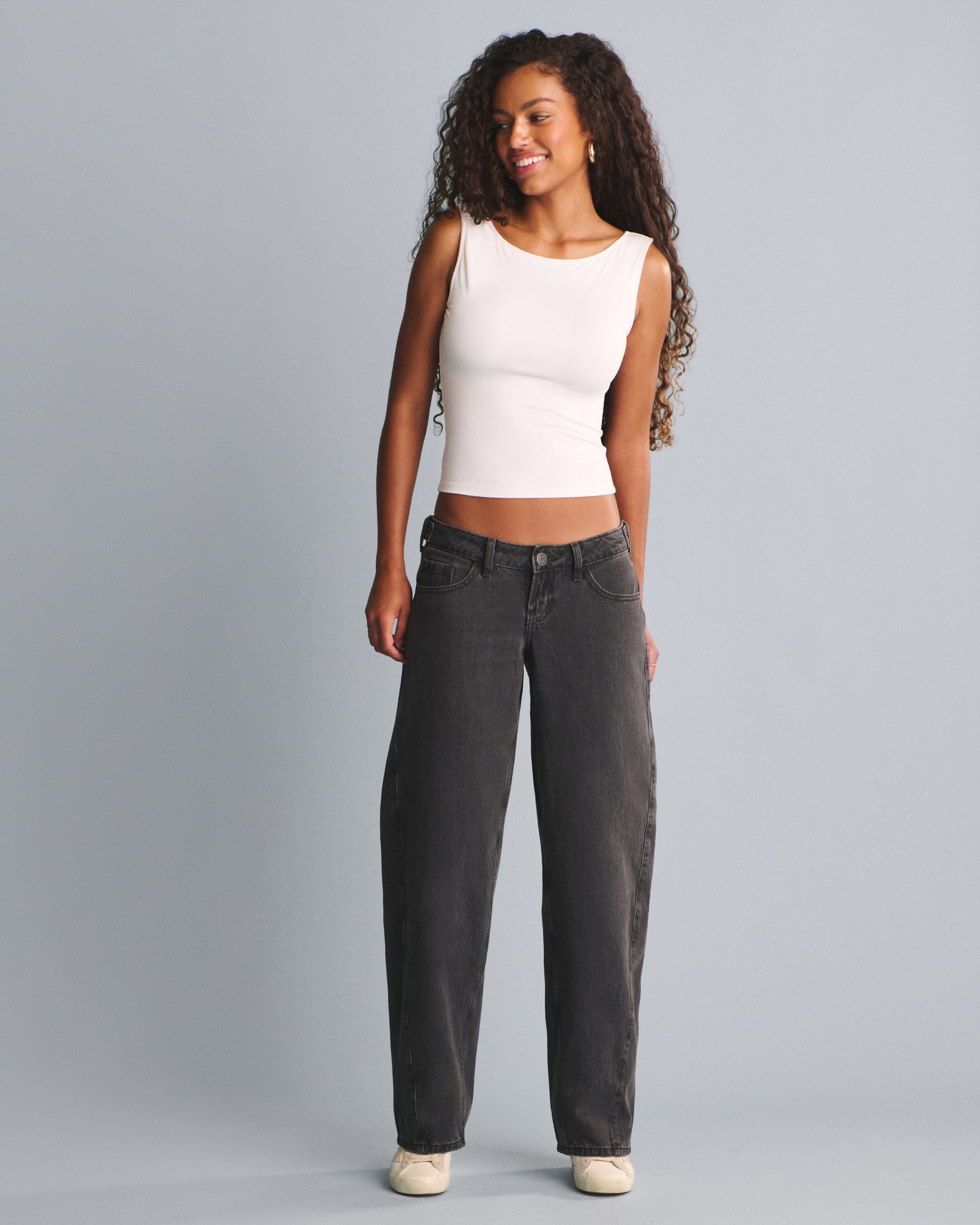 Hollister Andi Adjustable Waist Ultra Low-Rise Washed Black Barrel Jeans