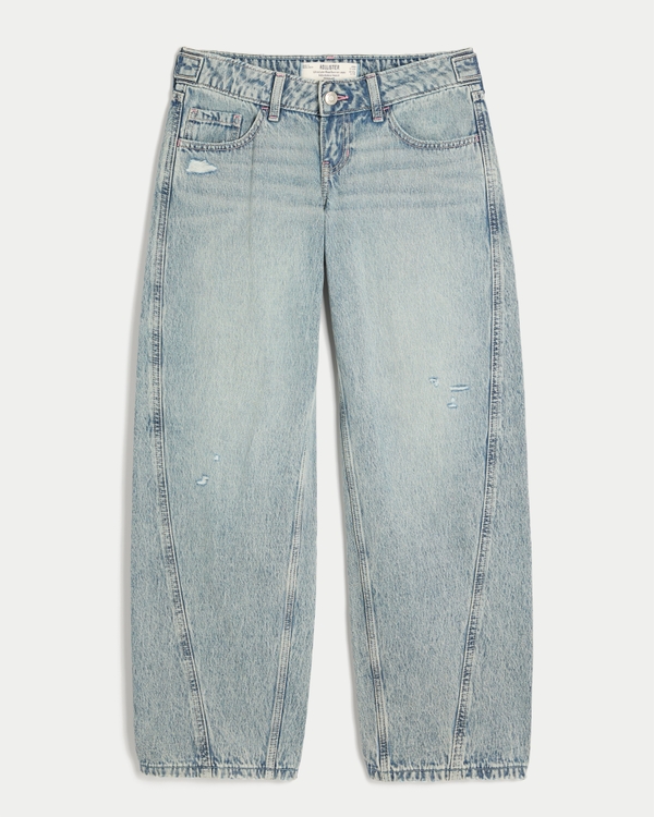 Hollister Andi Adjustable Waist Ultra Low-Rise Distressed Light Wash Barrel Jeans, Light view 1
