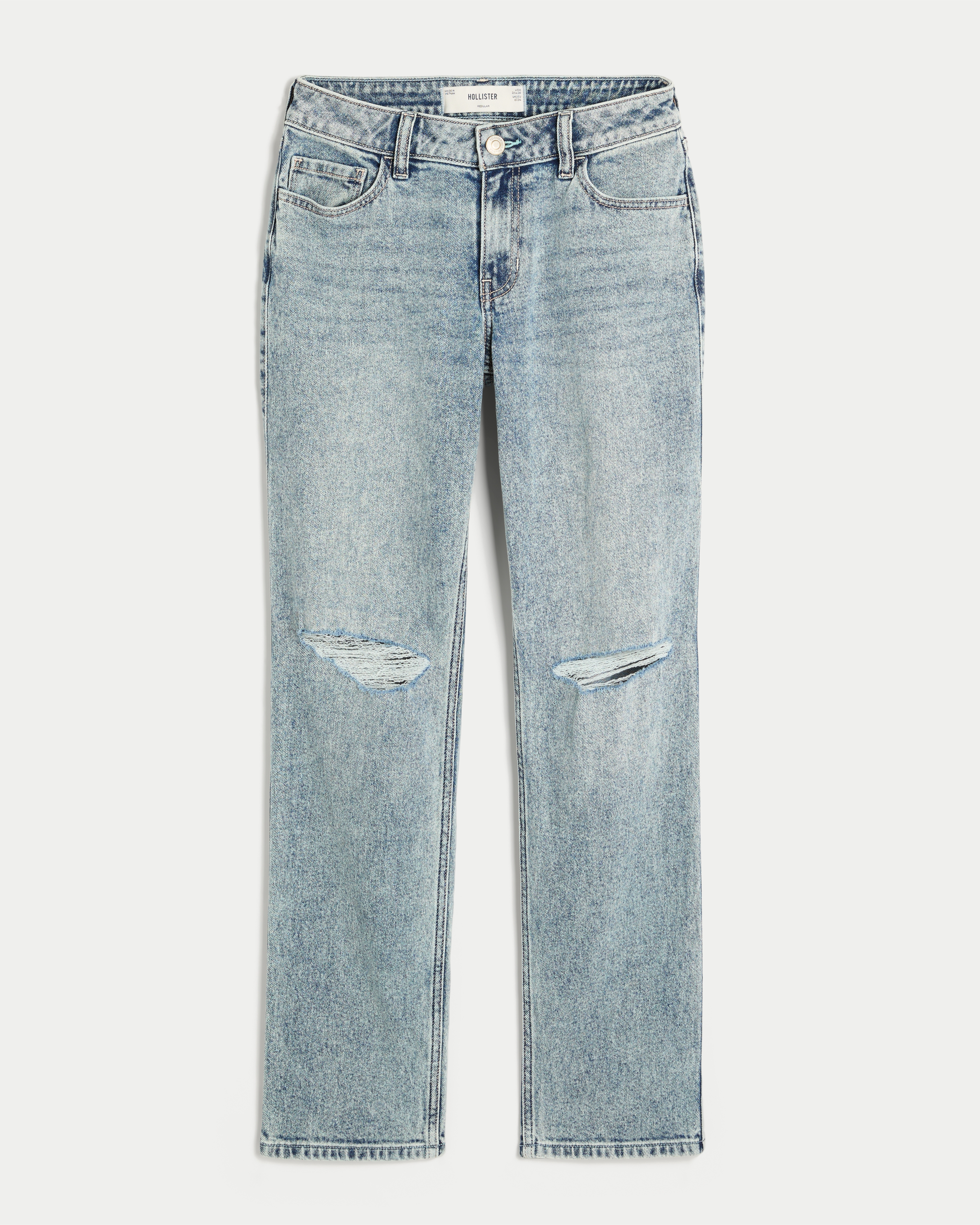 Mid-Rise Ripped Light Wash Straight Jeans