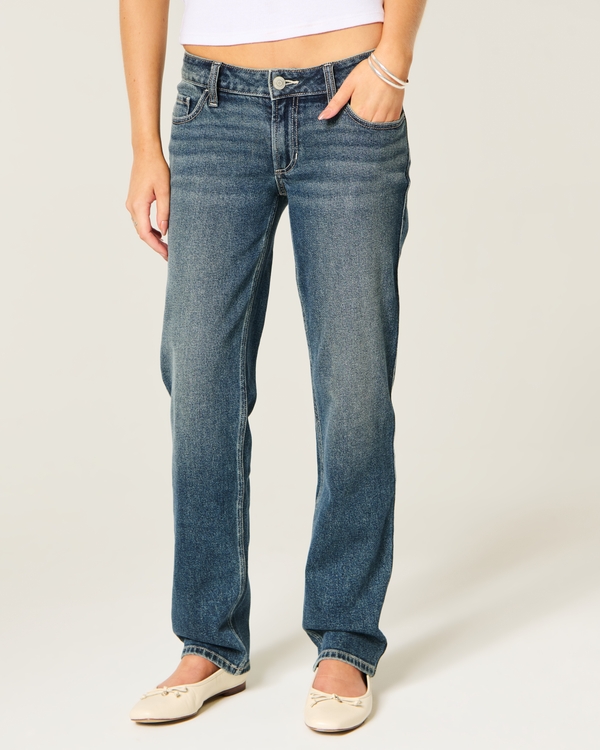 Low-Rise Medium Wash Straight Jeans, Dark Medium view 2