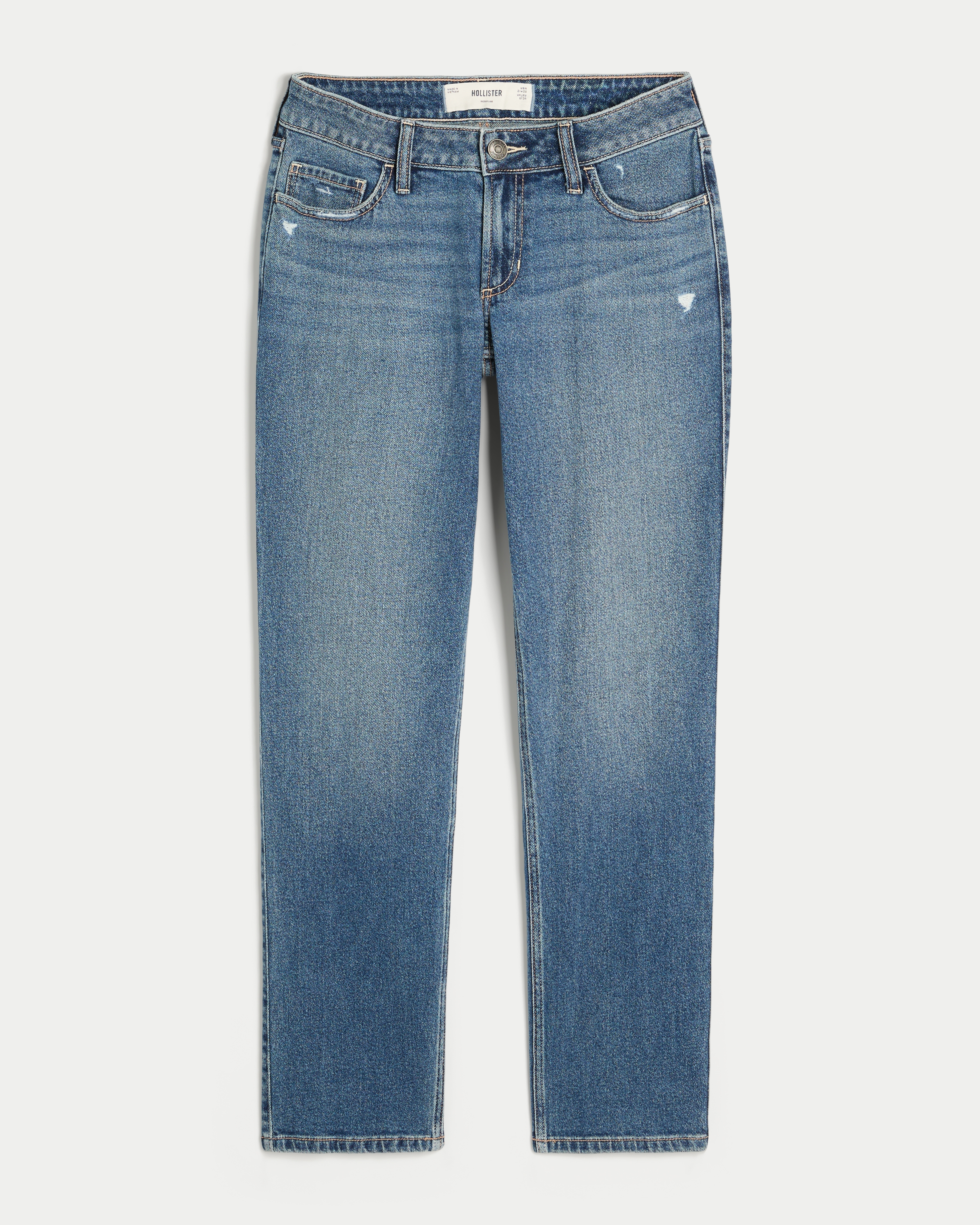 Low-Rise Distressed Medium Wash Straight Jeans