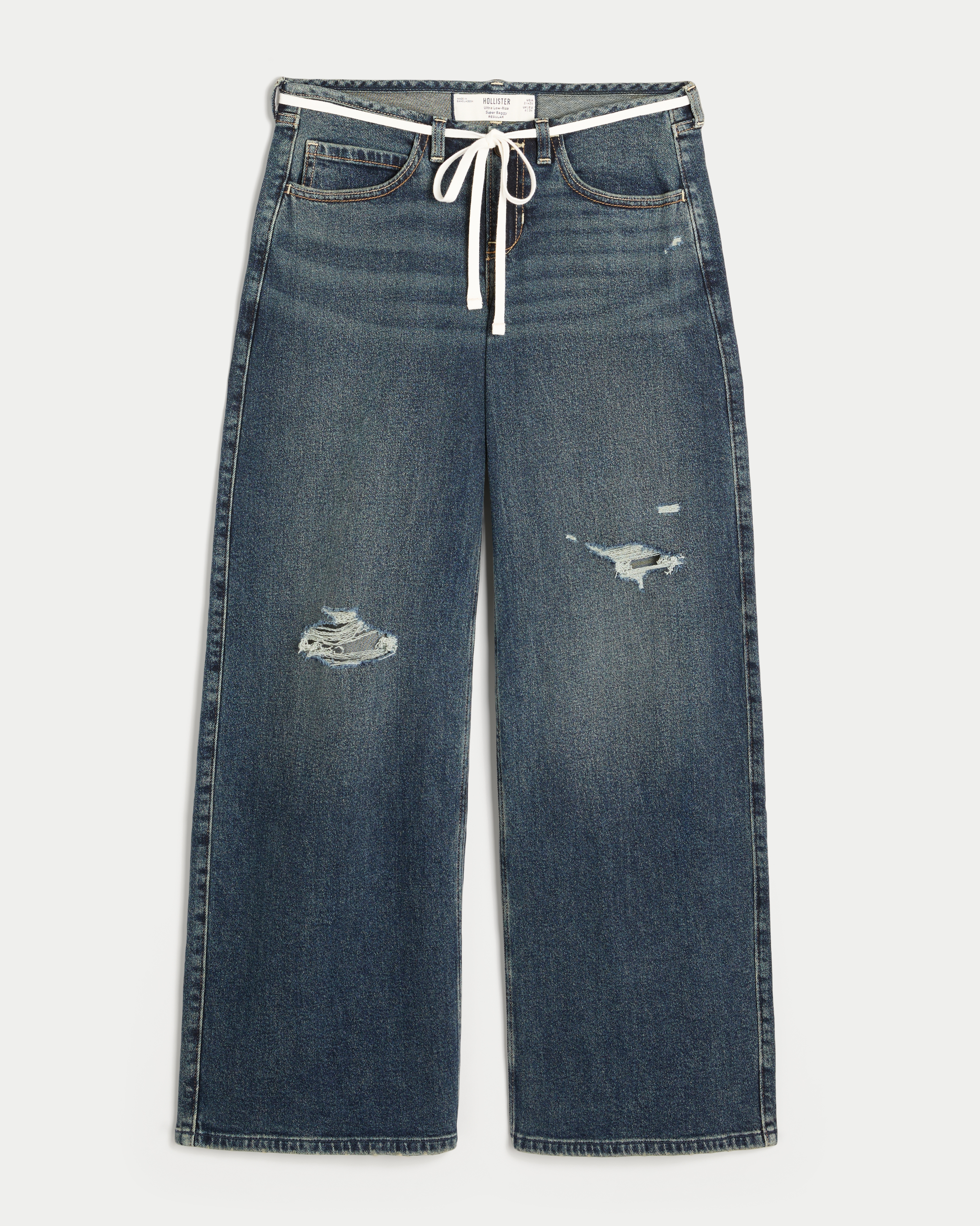 Ultra Low-Rise Ripped Tie Waist Super Baggy Jeans
