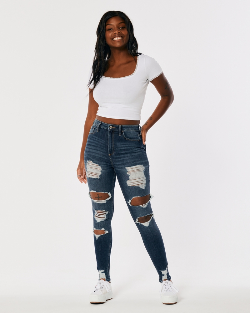 Curvy Ultra High-Rise Ripped Dark Wash Super Skinny Jeans on Sale At Hollister Co.
