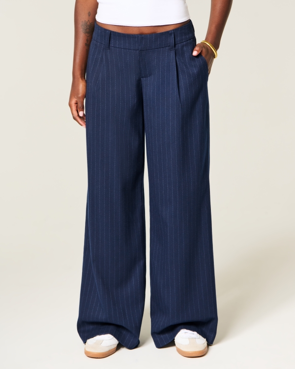 Hollister Livvy Ultra Low-Rise Pleated Super Baggy Pants, Navy Stripe view 2